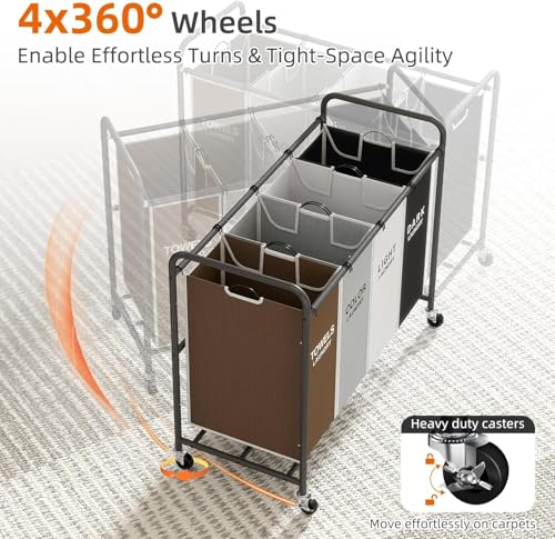 Laundry Hamper Sorter Cart, 4-Section Organizer with Lockable Wheels | Heavy-Duty 180L Rolling Laundry Basket with Removable Bags for Dirty Clothes in Laundry Room or Small Spaces, Multicolor