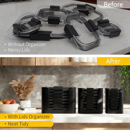 Lid Organizer for Rubbermaid Brilliances,Fits 4.7 & 3.2 Cup,1.3 Cup,0.5 Cup | Food Storage Container Lid Organizer for Rubbermaid Brilliances,Lid Organizer for Kitchen Cabinet - Holds 24 Lids (Black)
