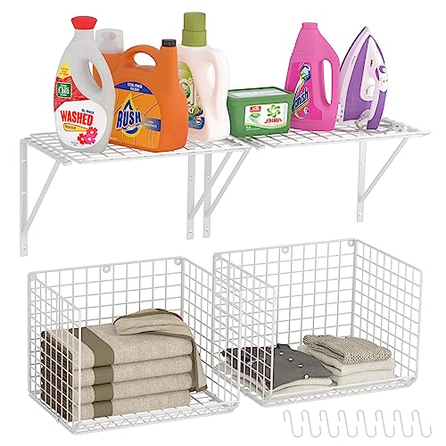 2 Pack Laundry Room Shelves Wall Mounted with Wire Baskets, Over the Washer and Dryer Shelf with Clothes Drying Rack, 8 Hooks,Wire Shelves Baskets for Laundry Closet Organization and Storage, White