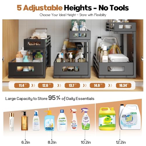 2-Pack Under Sink Organizer and Storage,2-Tier L Shape Pull Out Cabinet Organizer With Round Tube Slide Rails,Hight Adjustable Slide Out Drawers for Kitchen&Bathroom,Multi-Purpose Shelf-Black