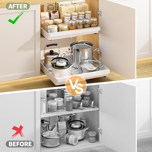 DOMNIU Pull Out Cabinet Organizers Expandable,White,16.9"Depth,2 Pack | Plastic Slide Out Drawers for Kitchen, Bathroom, Pantry, Under Sink Storage, Fixed with Adhesive Nano Film (11.6''-17.5'')