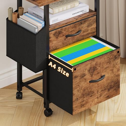 GYIIYUO 2 Drawer File Cabinet 24''W, Mobile Filing Cabinet, Printer Stand | 24'' Extended Desktop, Rolling, Side Bag, Fits A4/Letter Size, Home Office, Fabric Drawer, Light Brown