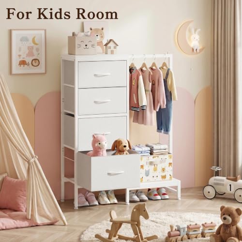 Tall Dresser 44''H with Hanging Rack, 4 Drawers Small Closet Dresser for Bedroom, Reversible Fabric Chest of Drawers with Clothes Rack, Tall Storage Tower, Sturdy Frame, White