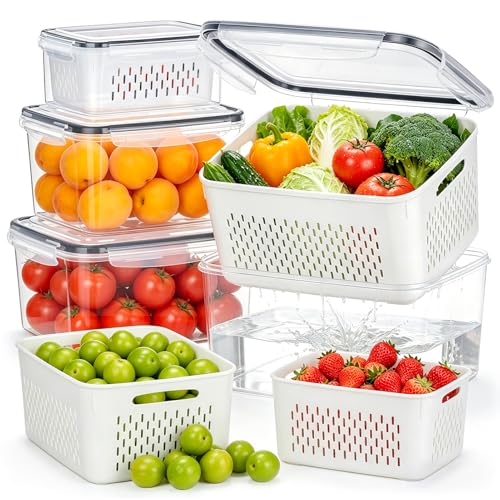 HOMETALL 4 Pack Fruit Storage Containers for Fridge Set, Produce Containers for Fridge with Strainer, Plastic Reusable Fridge Organizers and Storage for Berry Salad Lettuce, Size 3.4, 1.8, 0.9, 0.4QT