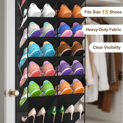 20-30 Pairs Over the Door Shoe Organizer, Clear Pockets Hanging Shoe Storage for Closet, 10-Tier Door Shoes Rack, Handing Shoes Holder Fit All the Family's Sneakers, Boots, Heels, Black