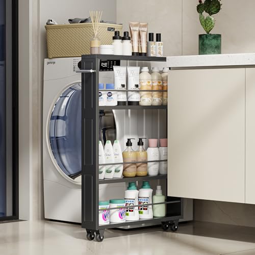 Rolling Storage Cart 4-Tier Black Kitchen Cart wit... (Black | Metal, Wood)