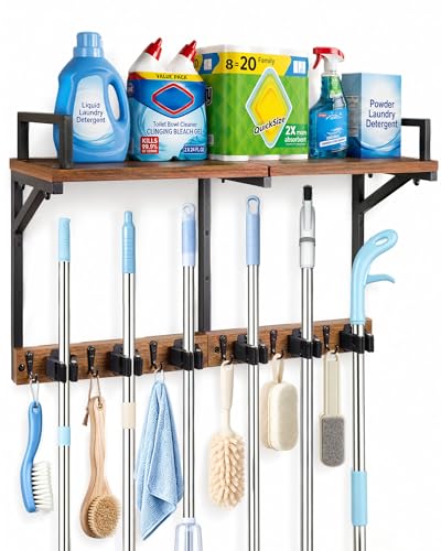 Broom Holder Wall Mount with Cleaning Supplies Sto... (Metal, Wood)
