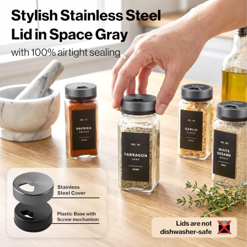 Glass Spice Jars with Label, Space Gray Sprinkle Lids (24 x 4oz)