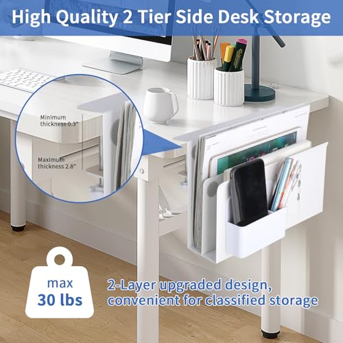 LUKETURE Desk Side Storage, 2 Tier Under Desk Laptop Mount with Pen Slot | Sturdy Steel Double Tier Strong, Magnetic Pen Holder, No Drill Clamp for Standing Desk Organizer, Fits 0.3-2.8" (White)