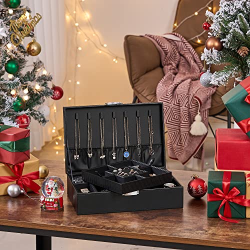 BEWISHOME Mens Jewelry Box Organizer, Jewelry Box for Men Women | with 4 Watch Case Removable Tray, Jewelry Display Storage Case, Carbon Fiber Design Earring Ring Bracelet Case, Black SSH07C