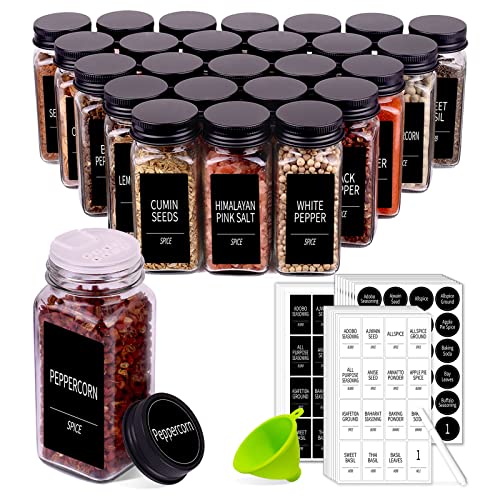Churboro 25 Pack Glass Spice Jars with Labels, 4oz Spice Containers | Square Spice Bottles with Black Caps, Shaker Lids, 547 Labels, Funnel & Chalk Pen. Keep Seasoning Jars Neat and Organized