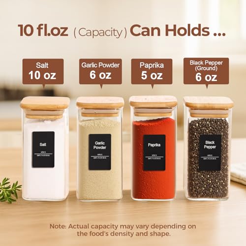 ComSaf Glass Spice Jars with Labels 10 oz 6 Pack Large Square Bamboo Lids | Empty Containers, Seasoning Herbs Powders, Salt Pepper Chili, Kitchen Cabinet Storage Starter Set, Dry Goods