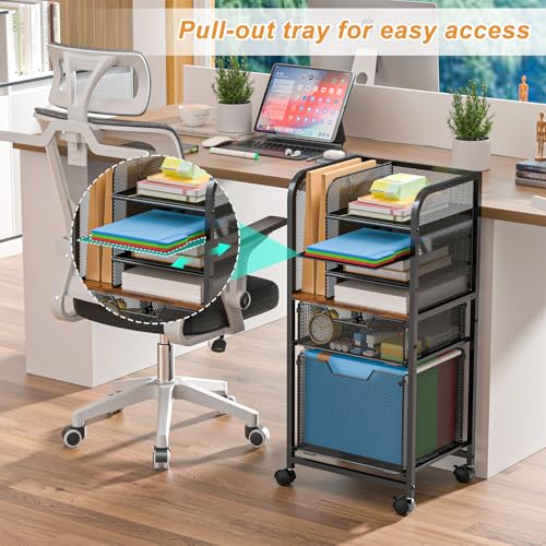 6-Tier Rolling File Cart Multi Mobile Drawer Cabinet Black | File cabinet organizer with wheels, letter size filing storage cart, home office hanging folder storage for teacher