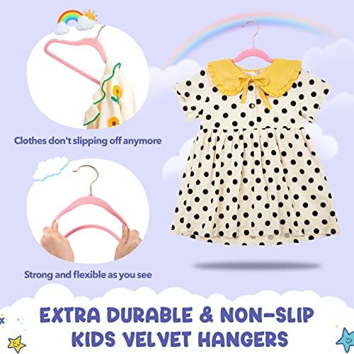 HOUSE DAY Velvet Kids Hangers 60 Pack, Premium Childrens Hangers for Closet | Blush Pink Ultra Thin Cute Clothes Hanger, Non Slip Small Felt Hanger 14 Inch for Kids Clothes +360° Swivel Rose Gold Hook