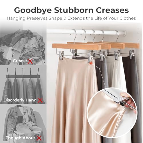 HOUSE DAY Wooden Pants Hangers with Clips, 10 Pack Skirt Hangers, Natural | 14-Inch Wood Hangers with Adjustable Non-Slip Metal Clips & 360° Swivel Hooks, Heavy Duty for Jeans, Slacks, Trousers, Shorts