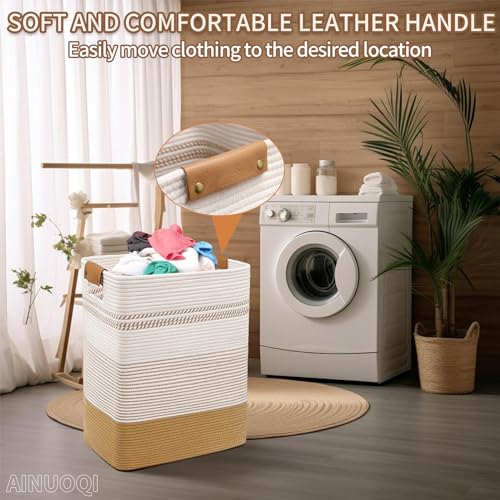 Large Laundry Hamper Basket, 85L Cotton Rope Woven Storage Bin for Blankets, Dirty Clothes Toys, Decorative Tall Basket with Leather Handles for Living Room, Bedroom, Bathroom, Nursery, Jute