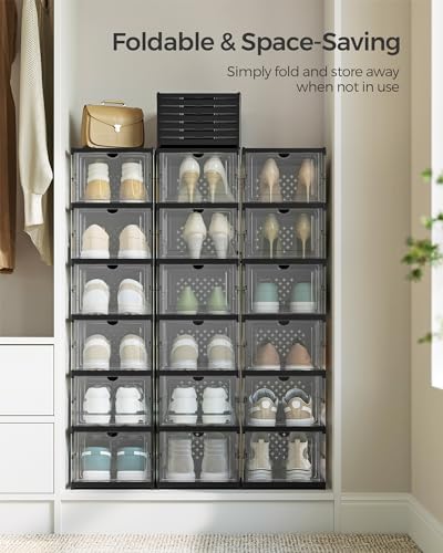 SONGMICS Foldable Shoe Boxes, Stackable Shoe Storage Organizer | Pack of 18, Portable, Fit up to US size 13, 60s Assembly, Transparent and Ink Black ULSP207B01