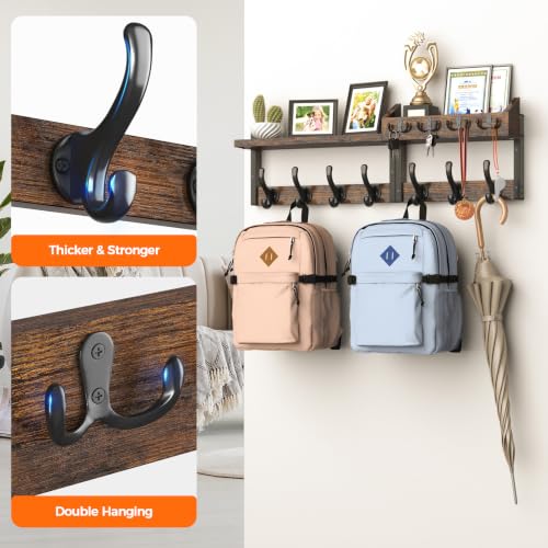 Evermagin 29" Coat Rack Wall Mount with Shelf for Entryway, Rustic Brown | Wall Mounted Coat and Key Rack with Hooks, Key Holder with Mail Organizer for Wall, Living Room, Mudroom, Bedroom