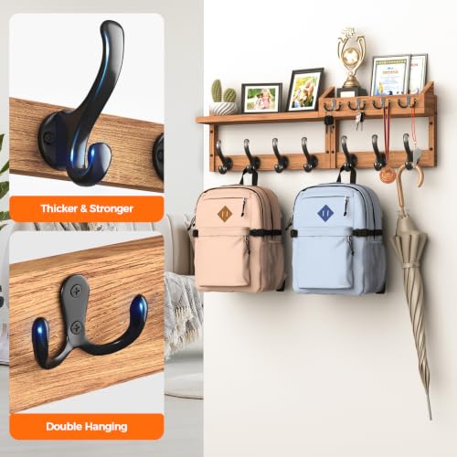 Evermagin 29" Coat Rack Wall Mount with Shelf & 11 Hooks, Entryway, Brown | Wooden Wall Mounted Coat and Key Rack with Hooks, Key Hanger with Mail Holder for Living Room, Mudroom, Bedroom
