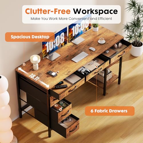 Sweetcrispy 47" Computer Desk with 6 Fabric Drawers & Storage Shelves | Reversible Gaming Desk, Office Desk, Computer Workstation, Corner Desk with Storag, Home Office, Living Room, Rustic Brown