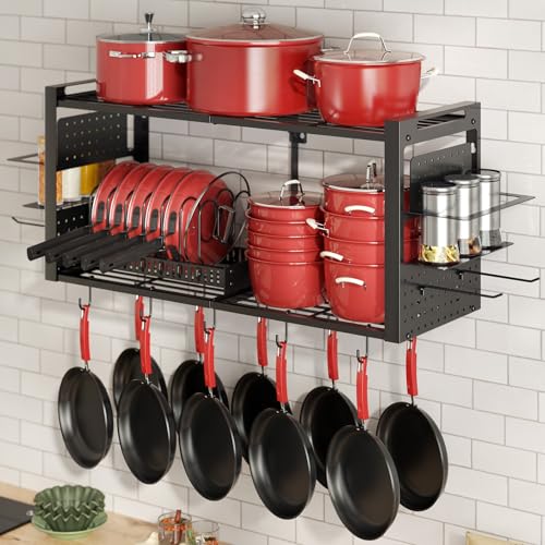 31 Inch Pot Rack Wall Mounted,3 in 1 Pots and Pans... (Black | Metal)