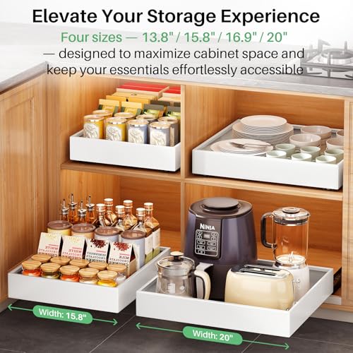 Pull out Cabinet Organizer, 21"Deep, Heavy Duty Full-Extension Slide out Drawers for Kitchen Cabinets with Nano Adhesive, Roll Out Shelf Sliding Cabinet for Pots, Bathroom, Pantry, Under Sink, White