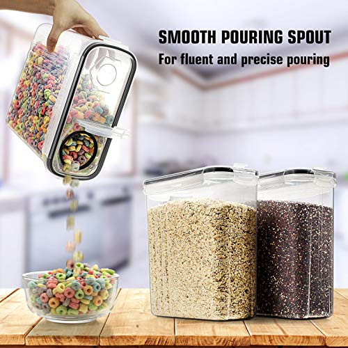 Wildone Cereal Storage Containers Set, Large BPA Free Plastic Airtight Food Storage Containers 4L for Flour, Sugar, 6 Piece Set Cereal Dispensers with 20 Labels & Marker, Black