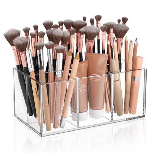 Clear Makeup Brush Holder Organizer Acrylic 6-Slots Cosmetic Brushes Storage Organizer for Vanity Countertop