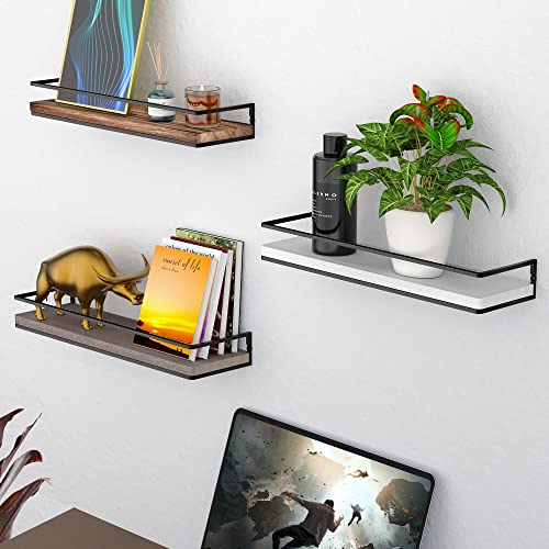 Meangood Floating Shelves Wall Mounted Set of 2, Rustic Wood Wall Storage Shelves for Bedroom,Living Room,Bathroom, Kitchen Torched Wood