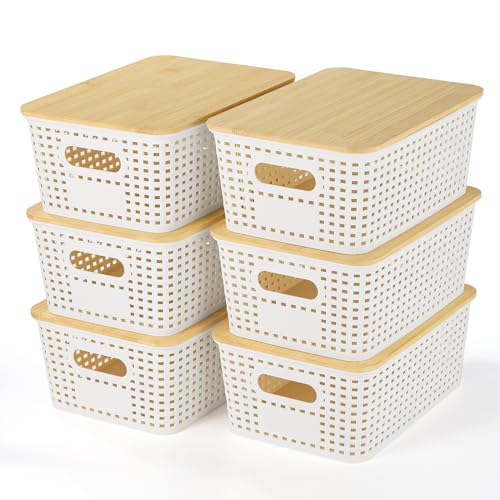 Ohmlove Plastic Storage Baskets With Bamboo Lid - Plastic Storage Containers Stackable Storage bins: Storage Baskets for Organizing Shelves Drawers Desktop Closet Playroom Classroom Office, 6 Pack