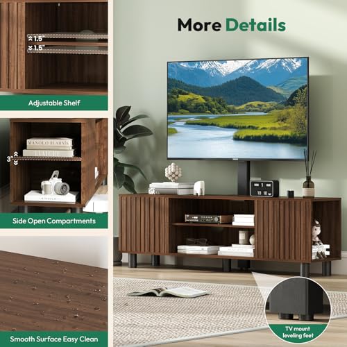 TV Stand with Mount for 65-75 Inch TV, Fluted Walnut Media Console | Modern entertainment center with power outlet, adjustable mount, textured fluted doors and spacious storage for living room