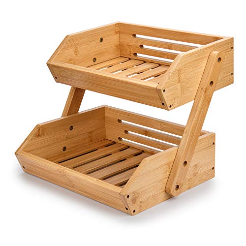 G.a HOMEFAVOR 2-Tier Bamboo Fruit Basket for Kitchen Counter, Self-assembly | Large Fruit Bowl, Vegetable Storage Stand for Fruit Shop, 15 mm Thickness