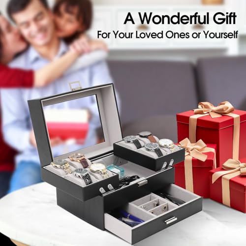 Watch Box, Watch Case for Men, 8 Slot Watch Display Case, 3 Layers Large Sunglass Storage Organizer for Watch, Ring, Jewelry, Gift Idea, PU Leather (Black)
