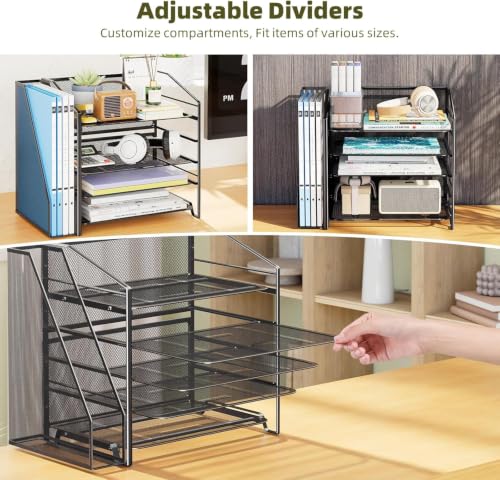 Simple Trending 5-Tier Desk File Organizer, Paper Organizer, Black | Adjustable Letter Trays, Side File Shelf,Durable Steel Mesh, Space Saving, for Home Office, 15.4"L x 9"W x 13"H