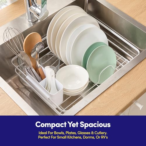 Dish Drying Rack 3 Piece Dish Drainer with Drainboard Set for Kitchen Counter – Dish Rack with Removable Utensil Holder & Swivel Spout for Countertop – DishRack for Plates, Cups & More, White