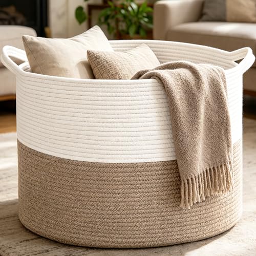Large Woven Blanket Basket,65L Cotton Rope Laundry... (White&Brown | Cotton)
