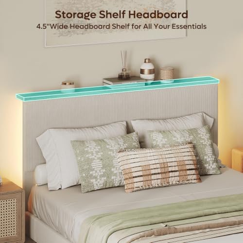 Bestier Queen Bed Frame with Storage Headboard & LED, Upholstered, Beige
