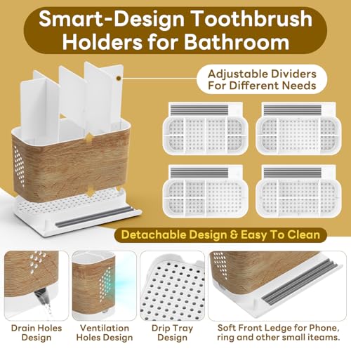 Bathroom Organizers and Storage 6 Slots Wood Grain Electric Toothbrush Holders with Phone Holder and Adjustable Dividers, Cord-Friendly Toothbrush Organizer with Drainage for Family, Kids