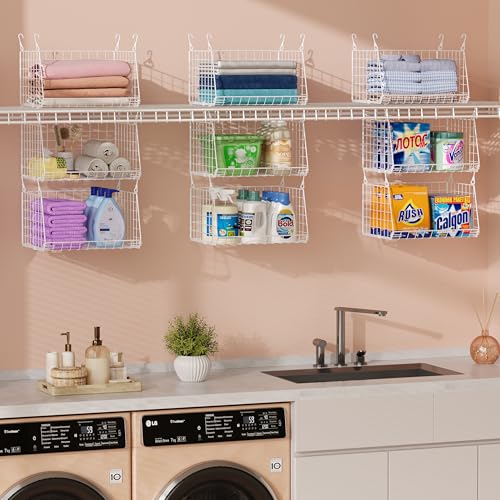 3-Tier Hanging Laundry Basket Organizer:Foldable Wire Shelf Laundry Room Organizer with 360°Rotating Hooks Small Space Solutions Closet Hanging Organizer - Laundry Organization, White Patent