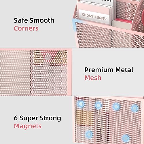 DALTACK 3-Grid Magnetic Pencil Holder, Strong Magnet Locker Organizer, Pink | Mesh Magnetic Shelf, Marker Holder Perfect for Whiteboard, Refrigerator and Locker Accessories
