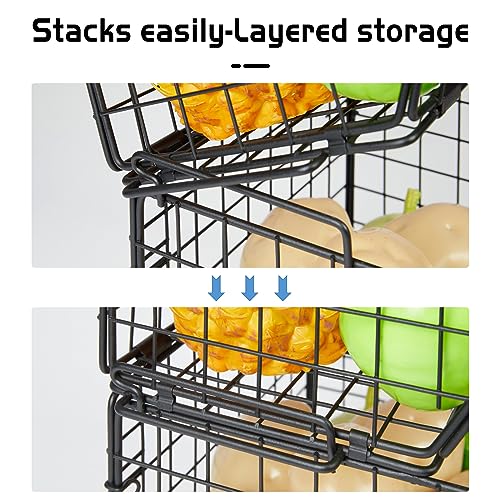 3-Tier Stackable Wire Baskets, Fruit and Vegetable Storage for Counter | Wall-Mount Potato and Onion Storage Bin, Metal Produce Basket, Kitchen Pantry Organizer and Storage on Cabinet for Snack/Can