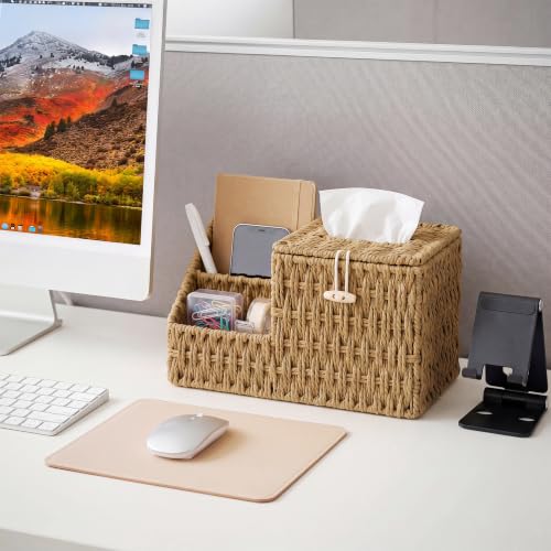 Tissue Box Cover with Storage, Wicker Paper Rope Square Tissue Box Holder | Tissue Remote Control Holder,Handwoven Decorative Cube Tissue Box Organizer for Bedroom Nightstand End Table,Natural