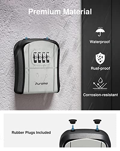 Puroma Key Lock Box Outdoor 4 Digit Code Combination Lockbox House, 1 Gray | For Contractors Guest Realtor Storage Keys, Portable, Home Wall Mount, Resettable, Combination, Weatherproof, High-capacity