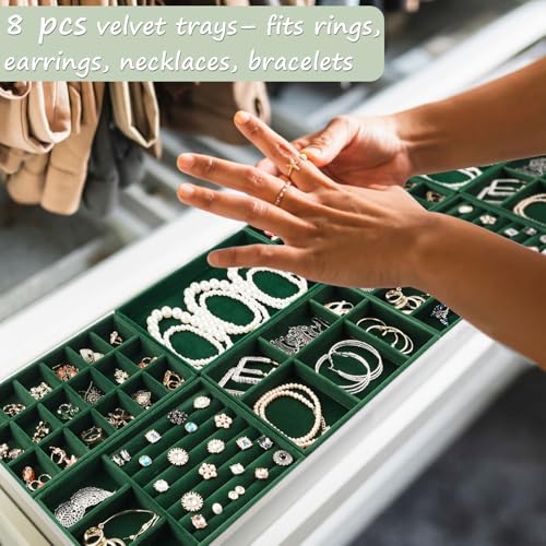 Jewelry Drawer Organizer, 8 Set of Stackable Velvet Organizer Tray, Drawer Inserts for Jewelry Organization, Showcase and Safely Store Your Collection with Elegance and Sophistication (Green)