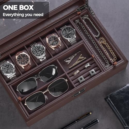 ProCase Men's Jewelry Box, 5-Slot Watch Display Case Jewellry Storage Organizer for Sunglasses Rings Accessories with Hidden Compartment, Watch Holder with Glass Lid, Fathers Day Gift -Espresso
