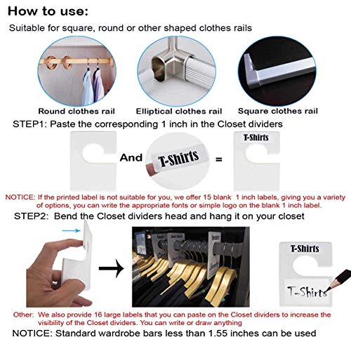 DMLNN 10 Pack White Clothing Rack Size Dividers Plus 60 Labels (1 Inch) and 16 Large Blank Labels, Large Rectangular Clothing Closet dividers (Pearl White)