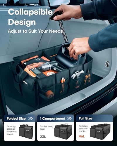 HOTOR Trunk Organizer - Foldable Car Organizer for SUVs & Sedans Storage | Sturdy Car Organization for Men & Women, Car Accessories, Tools, Sundries, Black, 2 Compartments, 21.3" x 12.6" x 10.6"