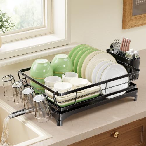 Dish Drying Rack for Kitchen Counter, Stainless St... (Black | Iron, Plastic)