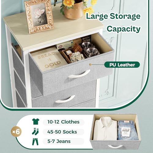 Huuger Tall Dresser for Bedroom, Stable 6 Drawer Dresser with Anti-Tip Device, PU Leather & Fabric Drawers, Tall Nightstand for Closet, Nursery, Storage Tower for College Dorm High Beds, Grey