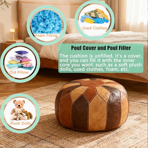 Thgonwid Unstuffed Moroccan Faux Leather Pouf Ottoman Cover with Storage - Boho Chic Multi-Use Footrest for Living Room, Bedroom, Patio - Round Ethnic Floor Cushion & Decorative Accent, Tricolor